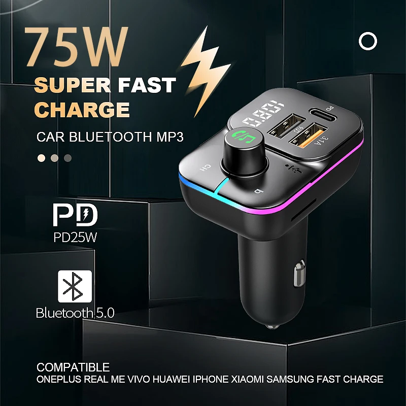 Worldtech Usb Car Charger Bluetooth 5.0 75W QC 3.0 PD Type C Fast