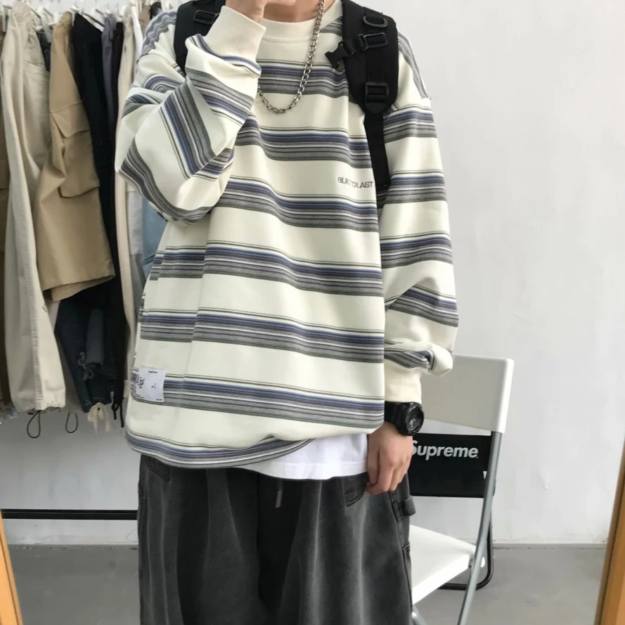 아메리칸 스타일 y 스트라이프 긴 소매 티셔츠 십대를위한 게으른 스타일 스웨트 내부 착용 캐주얼 올 시즌 코튼 블렌드