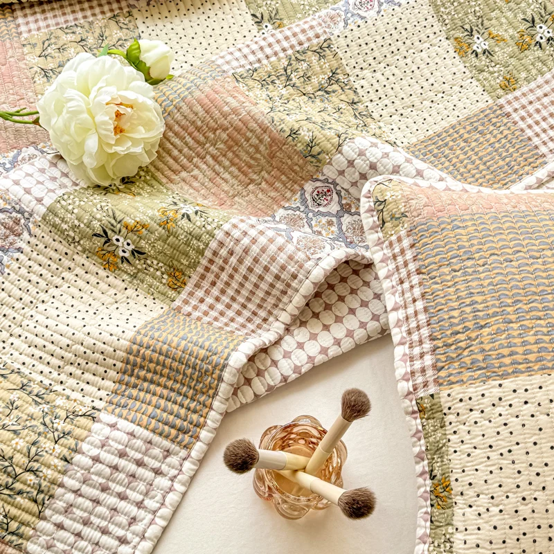 3Pcs Countryside style Patchwork Flower Design Quilted Cotton Bedspread Bed Coverlet Single Double size Bed cover Pillowcases – Detail 4