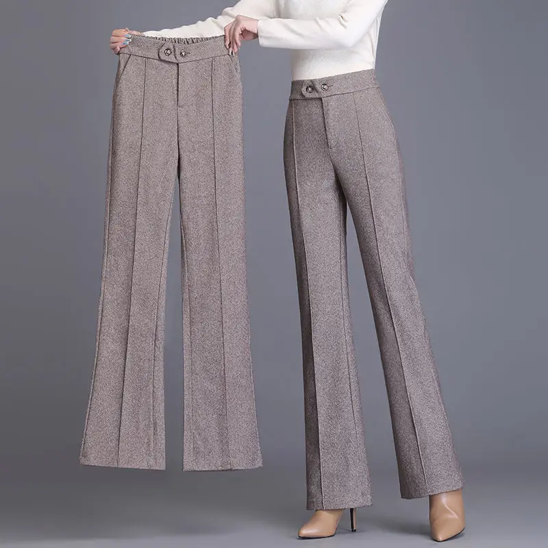 Office Lady Wool Blend Wide Leg Pant 2024 Korean High Waist Flare Trousers Women Plus Size Autumn Winter Woolen Suit Pantalon