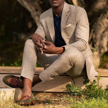 Abiti da uomo in lino 2 pezzi Abiti da sposa da uomo monopetto con risvolto casual estivo (giacca + pantaloni)