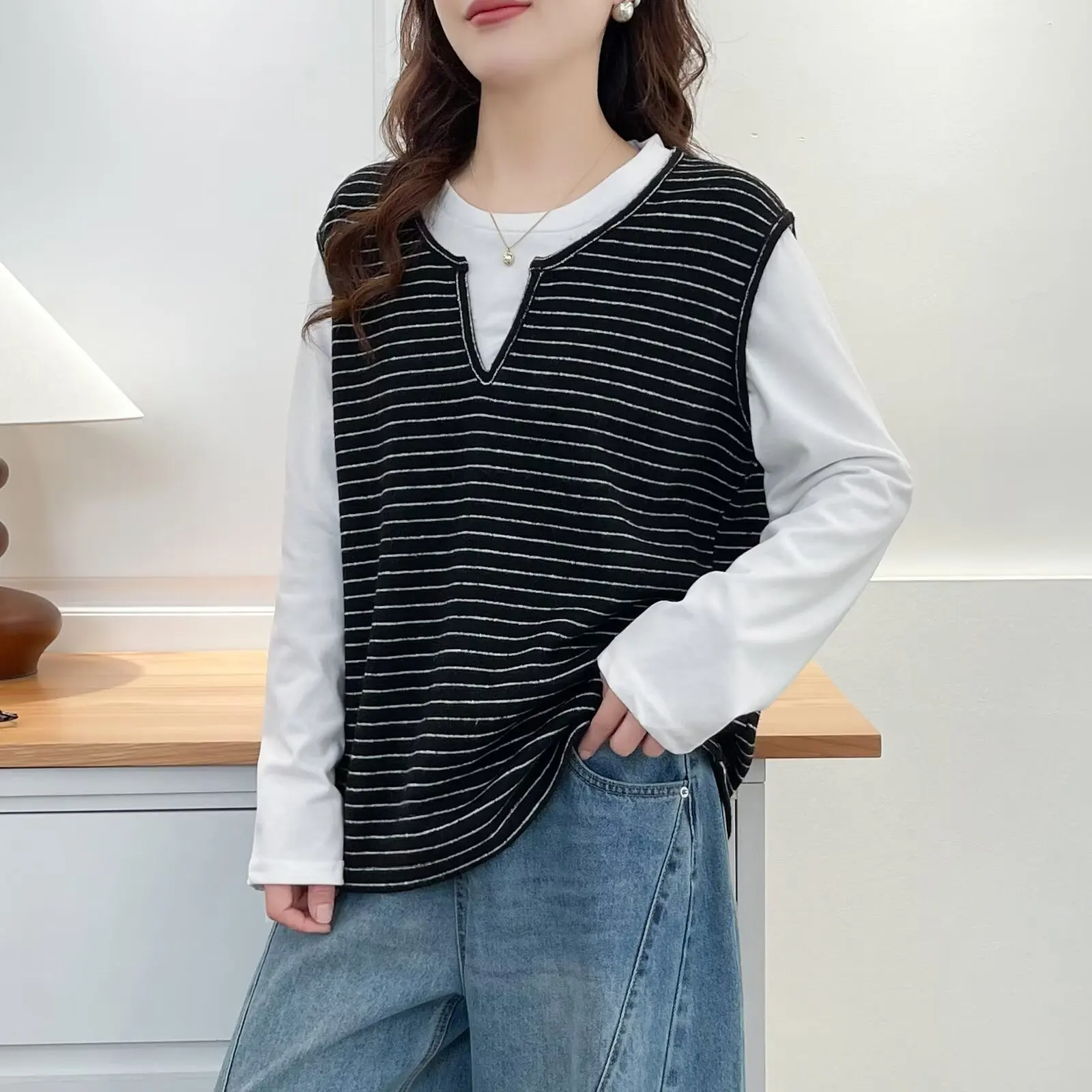 XXXXL Fashion Plus Size Women's T-Shirt New Autumn Casual Striped Patchwork Fake Two Piece Top 2542
