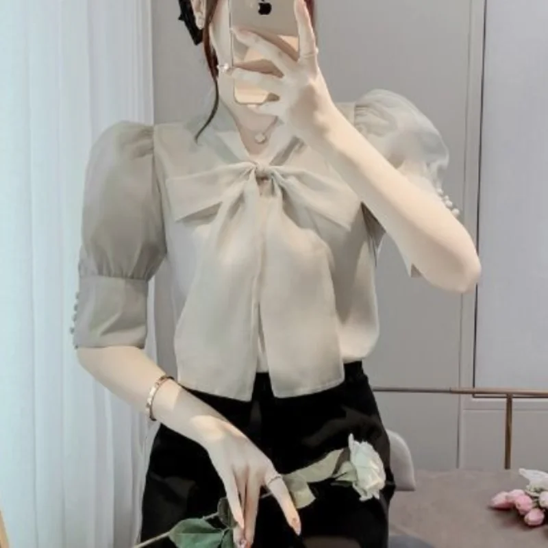 Summer New Commuter Temperament Women's Clothing Fashion Bow Simplicity Solid Color V-neck Short Sleeve Casual Pullover Shirt