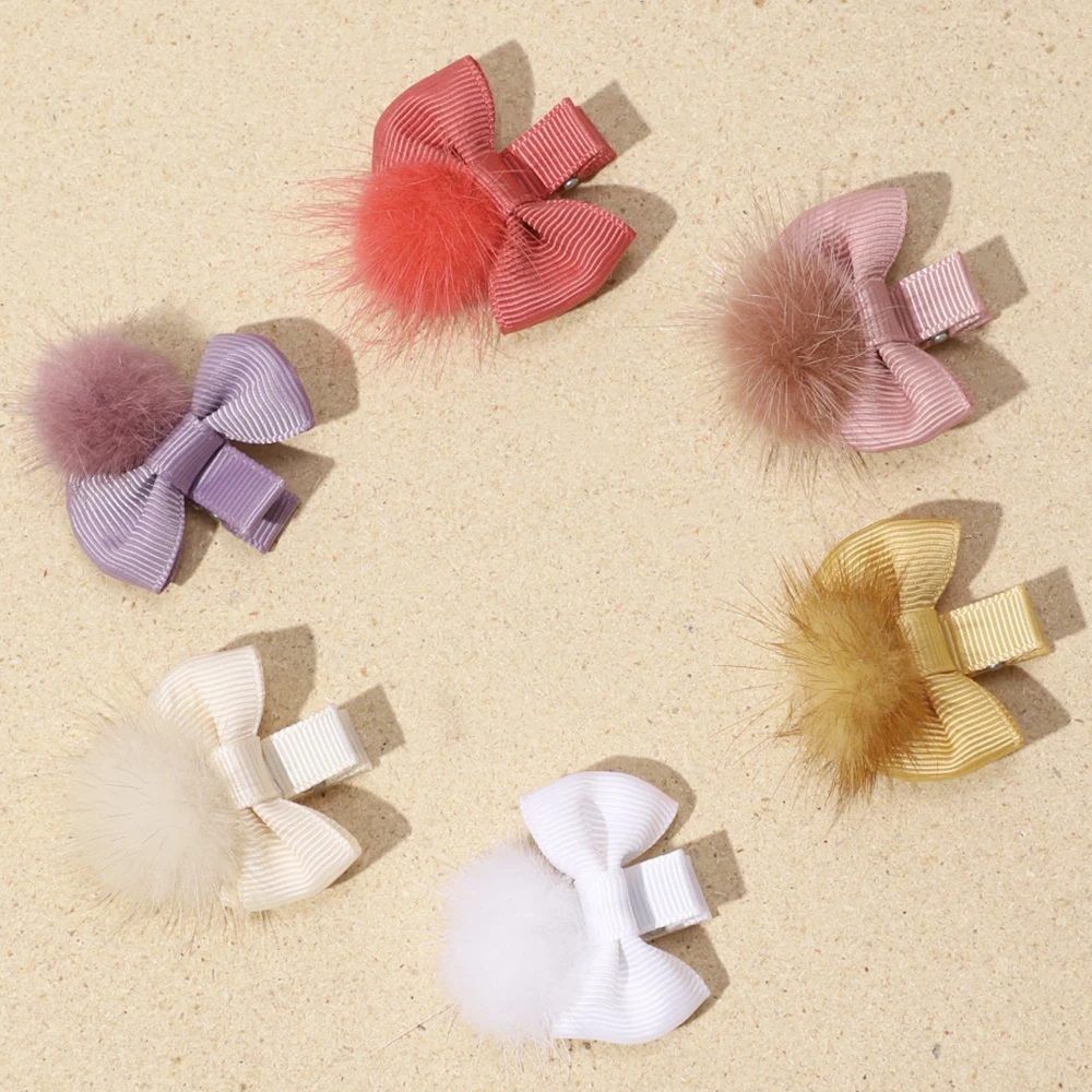 Solid Corlor Hair Clips Pompom Trimming Bow Baby Hair Clips For Little Hair Newborn Infant Kid Todder Headdress Hair Accessories