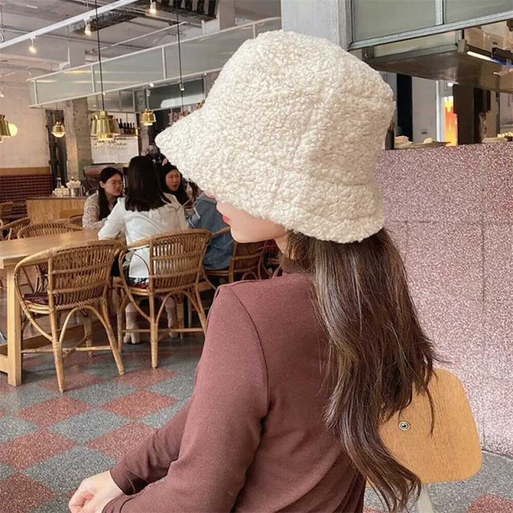 Winter Bucket Hat Lamb Wool Men Women Fisherman Cap Warm Casual Outdoor Panama Hat