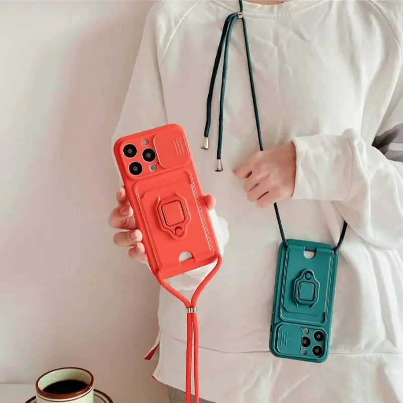 Magnetic Ring Holder Wallet Case with Lanyard Attachment
