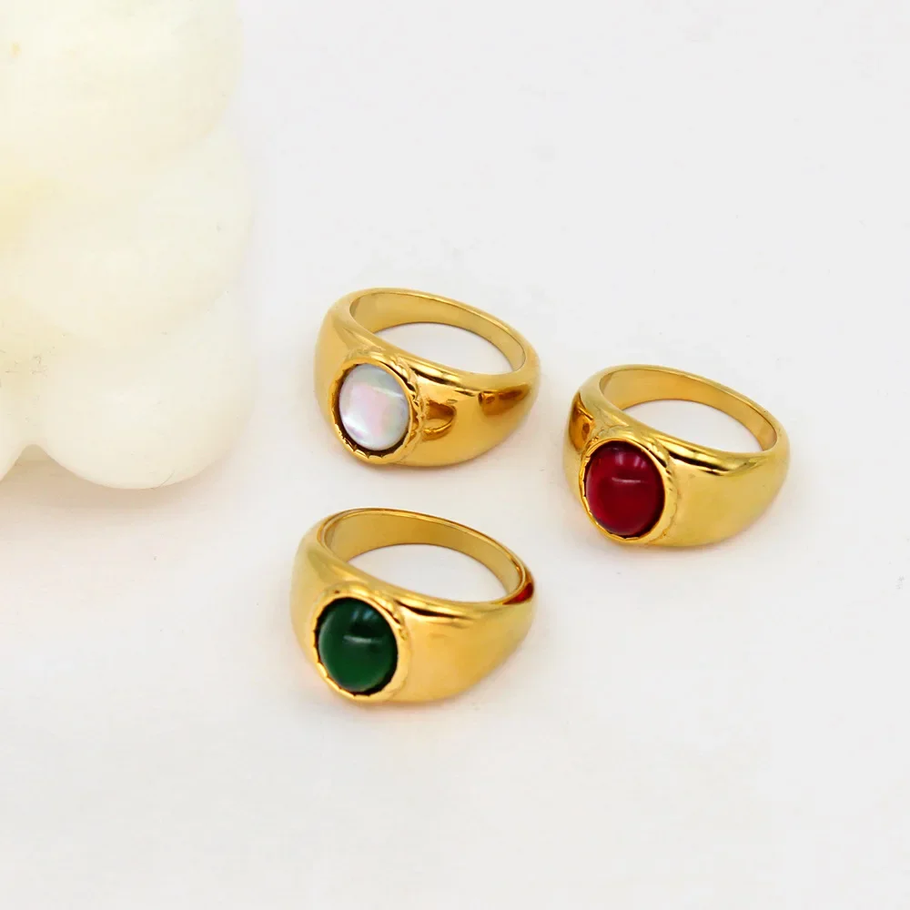 New Minimalist Red Crystal Wide Thick Wedding Ring for Women Premium Stainless Steel Gold Color Knuckle Rings Engagement Jewelry