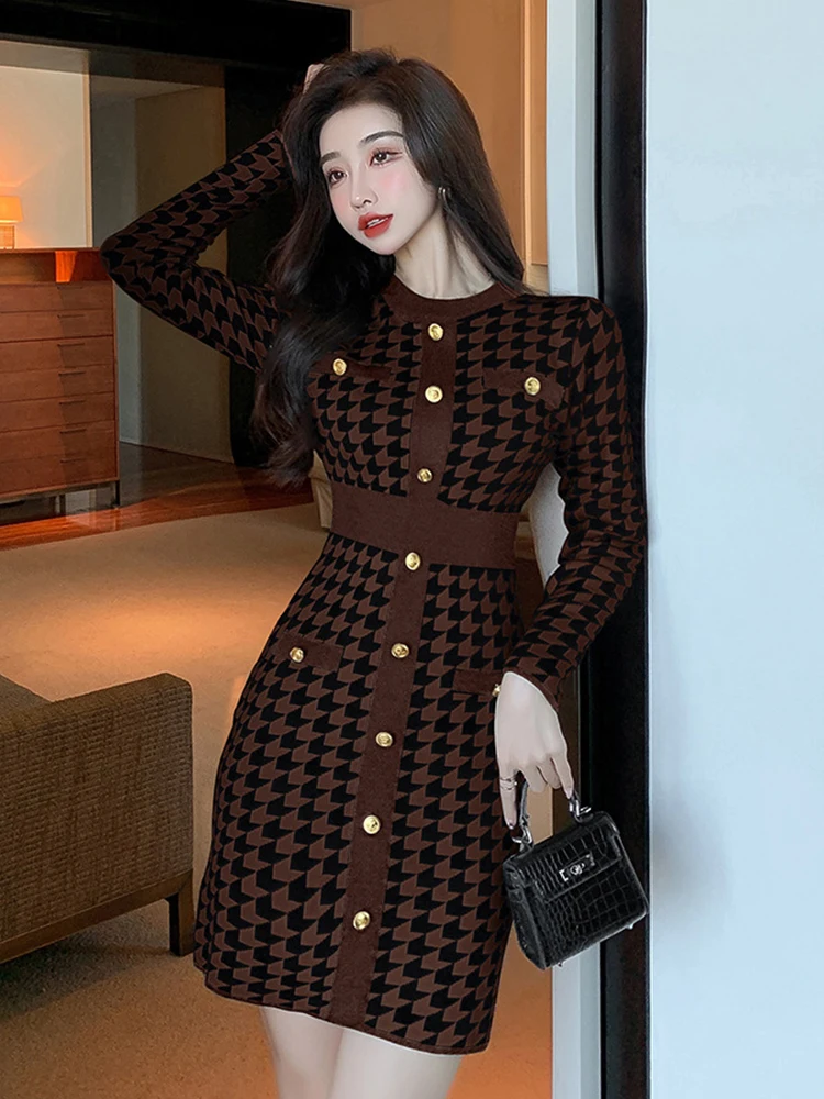 Fashion Korean Style Street Clothes Women Vintage Houndstooth Sweater Mini  Dress Elegant Temperament Knitted Short Female Dress - AliExpress 200000345