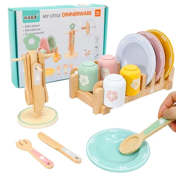 Wooden Kitchen Pretend Play Set Montessori Simulation Plates Dishes Accessories Kitchen Playset Toy for Toddlers Gifts Ages 3+ 1
