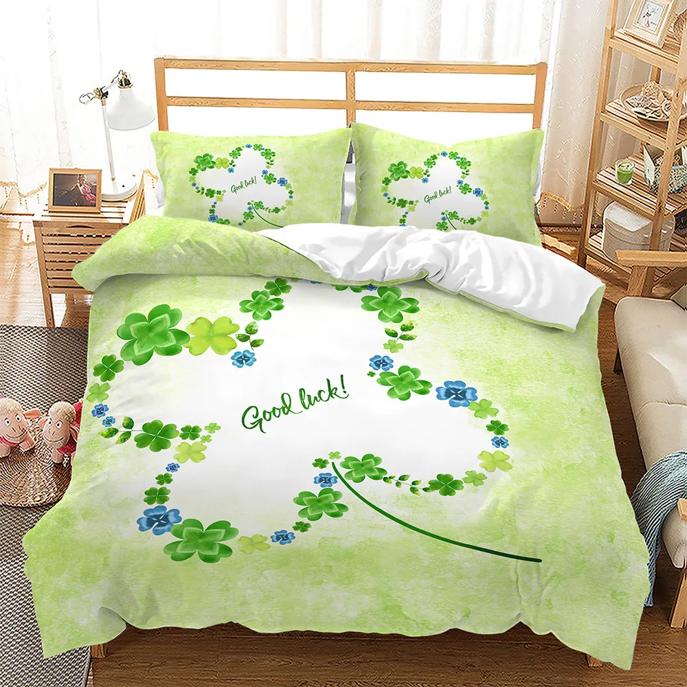 [J4162]220x240cm-Parure De Lit Housse De Couette Feuille Verte Trèfle Porte  Bonheur 3D Imprimé Ensemble De Literie Microfibre Taie D