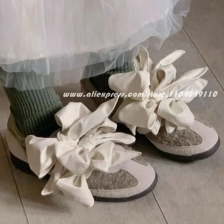 Retro Mixed Color Bow Knot Suede Flat Vulcanized Shoes Round Toe Silk Casual Lady Shoes Autumn New Size 36-40 Training Shoes 3