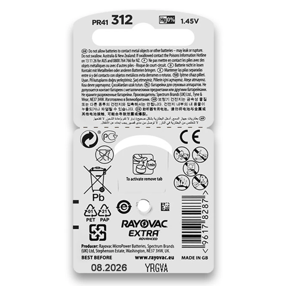 (60 PCS)Rayovac Extra Mercury Free Hearing Aid Batteries Size 312 1.45V 312 312A A312 PR41 Zinc Air Battery For ITC RIC