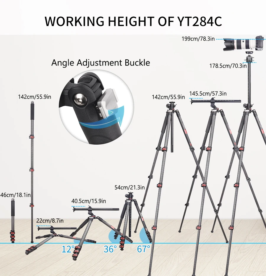 YT284C Professional Carbon Camera Tripod with rotatable multi-angle center colum