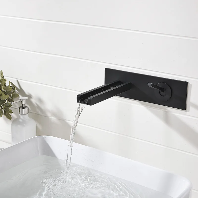 Bathroom Basin Faucet Brass With LED Light Sink Mixer Tap Hot & Cold Lavatory Waterfall Crane In-Wall Single Handle Brushed Gold