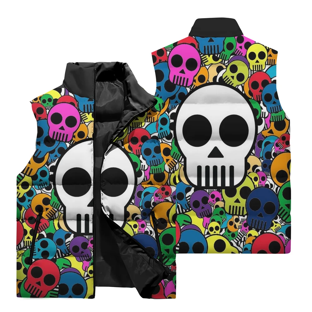 thumbnail image 1 of Chaqueta sin mangas con estampado de calavera 3D para hombre, estilo hip hop callejero, resistente al viento, cálida, con cuello alto y bolsillo con cremallera, 1 of 5