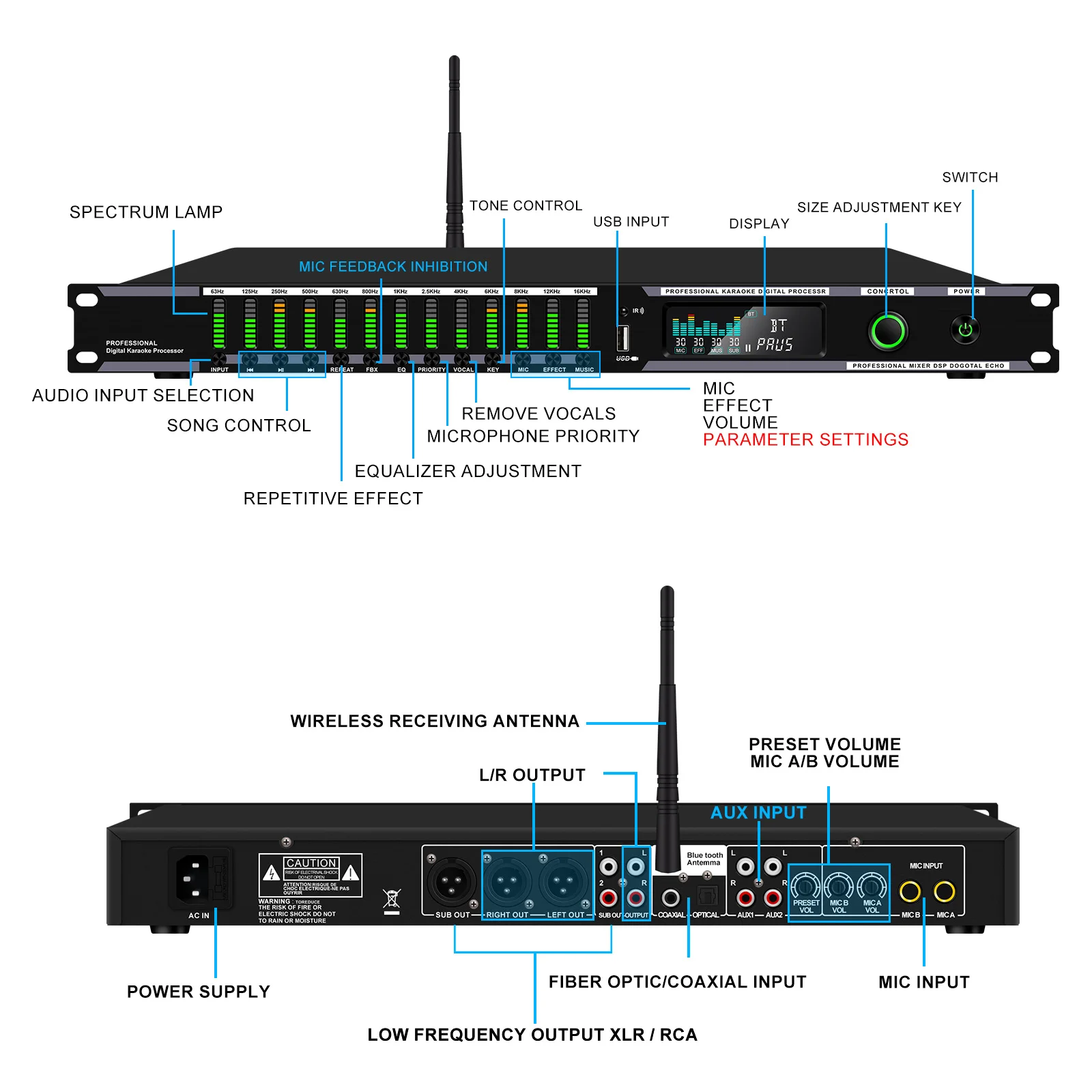 Audio Processor Professional Home Pre-stage Effector Microphone KTV Digital Reverb USB Bluetooth Kara