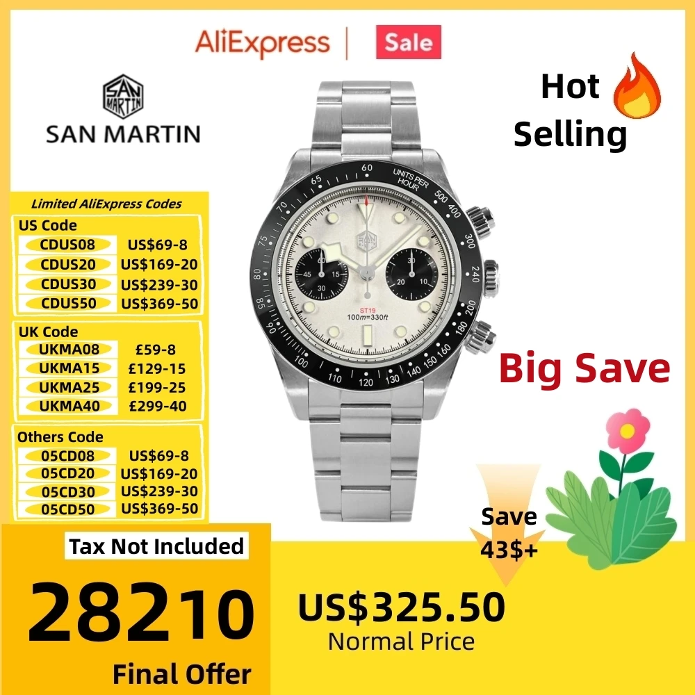 

San Martin Panda Eyes Chronograph Mens Watches Seagull ST1901 Movement Bracelet Mechanical Watch Sapphire Glass 10ATM SN0052JS