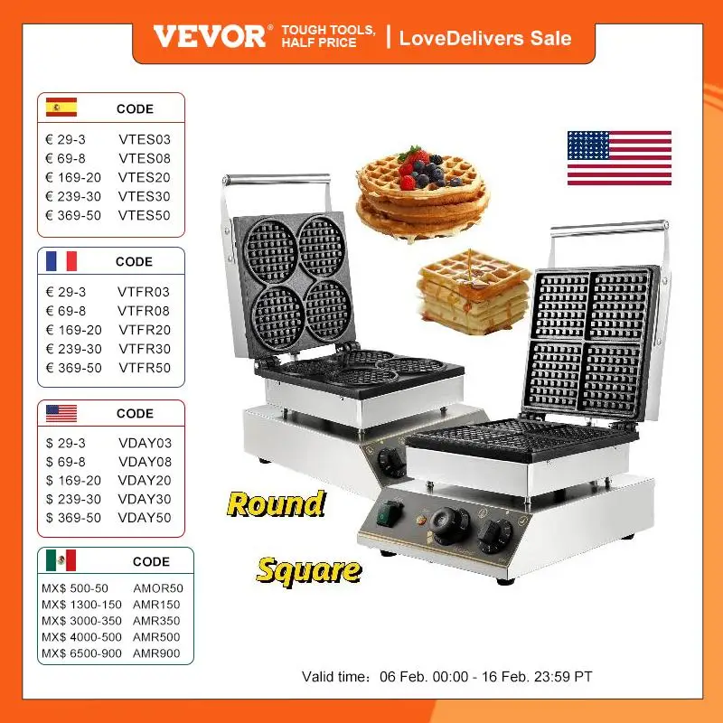 Vevor Commercial Electric Waffle Maker Elettrodomestico Da Cucina Home Round Square Shape Teglia Da Forno Tostapane Cake Baker Cooking Gaufriers