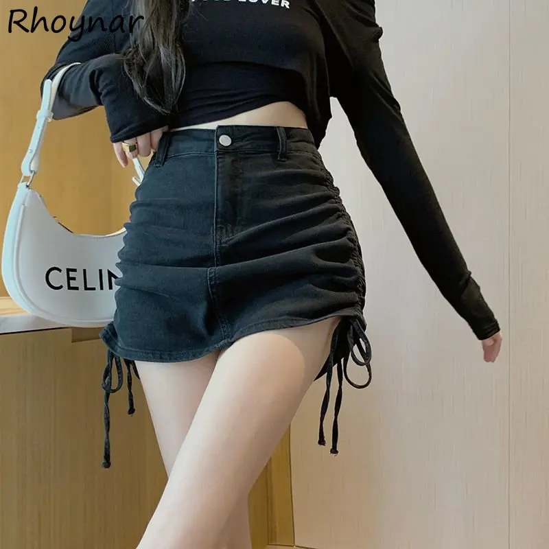 

Black Denim Skirts Women Mini A-line High Waisted Slim Vintage Sexy Hotsweet American Streetwear Teens Bandage Personal S-5XL