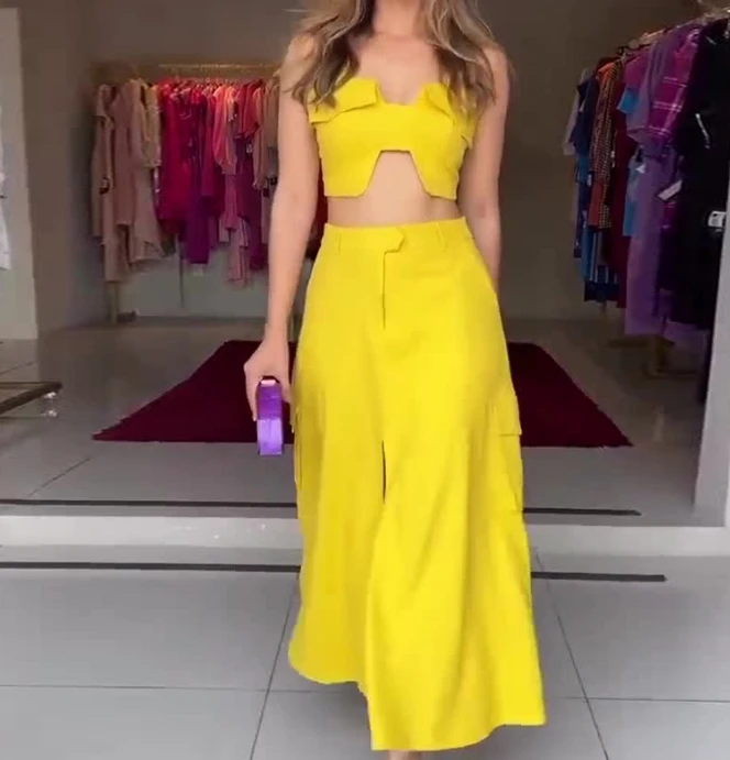 Women's Casual Style Set 2024 Spring/summer Latest Urban Fashion Sexy Design Sling Sleeveness High Waist Wide Leg Long Skirt Set dress women s retro sling square neck straight slim slit dress sexy dress long skirt elegant evening dress vestido