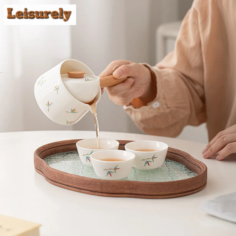 Leisurely Bamboo Ceramic Travel Tea Set Kit 360 Rotation Tea Maker Automatic Tea Set Designer 1 Pot 3 Cups Portable Picnic Bag