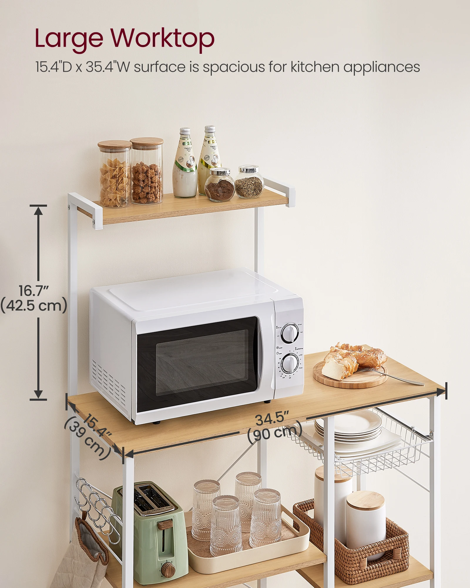 VASAGLE Baker's Rack, Microwave Stand, Kitchen Storage Rack with Wire Basket, 6 Hooks, and Shelves, for Spices, Pots 3
