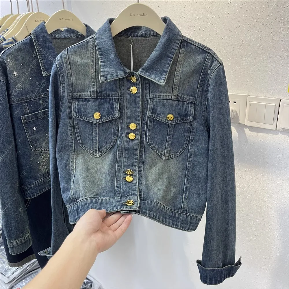 

Autumn New High Quality Slim Denim Short Coat Women's Turn Down Collar Long Sleeve Streetwear Patchwork Color Loose Jacket