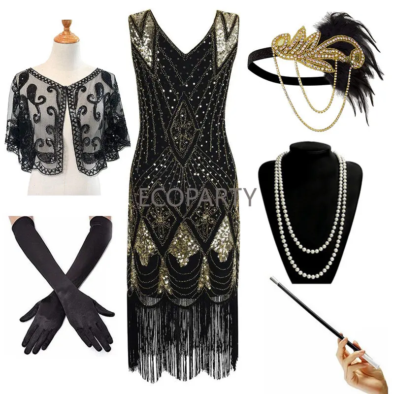 Vestido de fiesta de Gatsby Vintage con flecos largos para mujer, conjunto  de accesorios de los años 20, 6 piezas, 30 vestidos femeninos - AliExpress