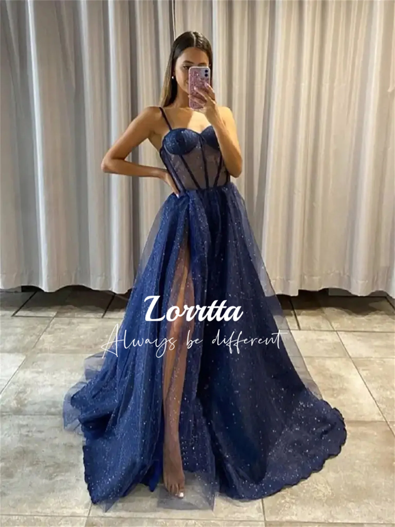 

Lorrtta Sequined Evening Dresses A-Line Sweetheart Prom Dress Spaghetti Straps High Side Slit For Celebrity Party Gowns Robe