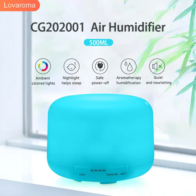 

LOVAROMA CG202001 500ML Air Humidifier Aroma Diffuser Electric Cool Mist Maker Fogger LED Color Light 13H Timing Home Appliance