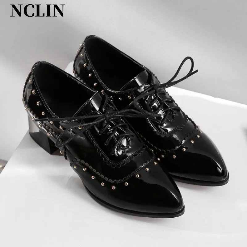 

2024 Spring Women Shoes Chunky Heel Pointed Toe Shoes Women Genuine Leather Shoes High Heel Lace-up Loafers Zapatos De Mujer