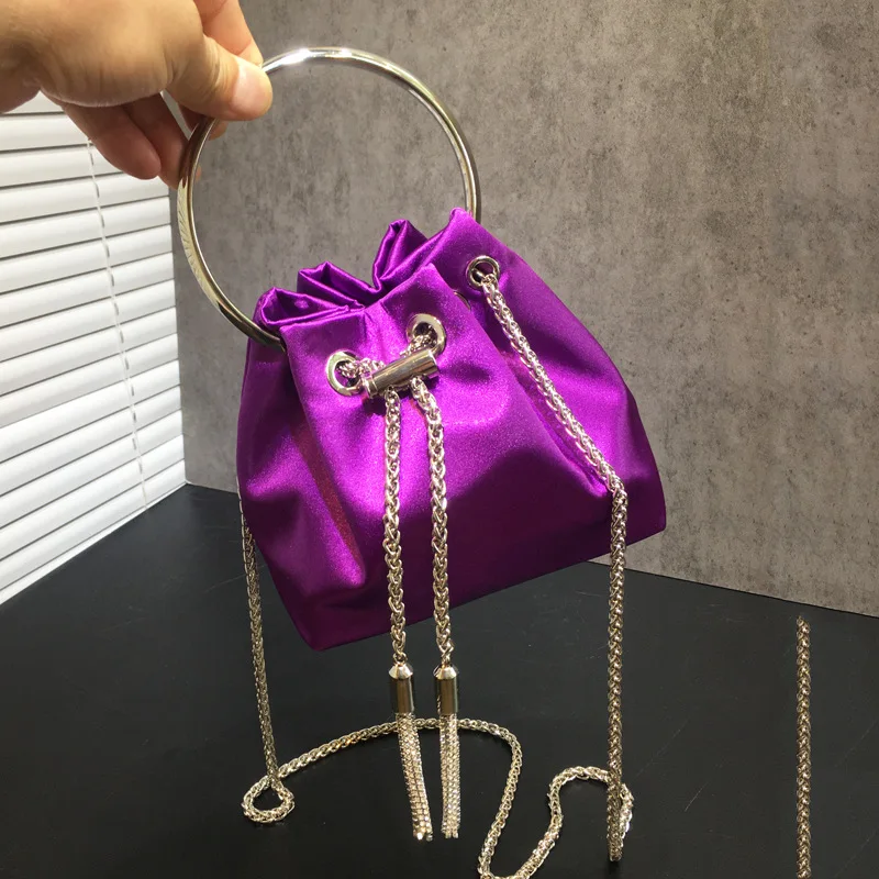 

JIOMAY Fashion Satin Designer Handbags Women Rhinestone Tassel Shoulder Bag 2023 Ladies Solid Color Metal Ring Handle Bucket Bag