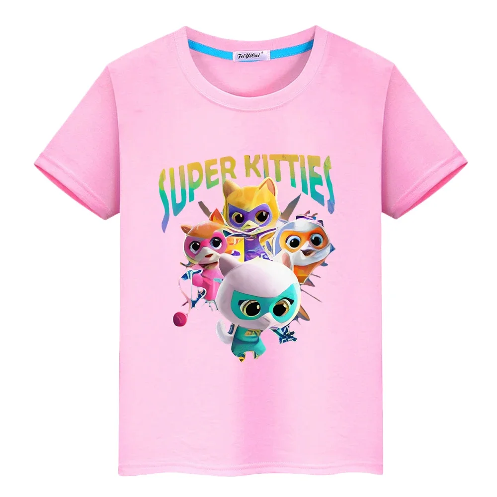 Super Kitties Summer Print T-shirt pride tshirt y2k one piece boys Anime Tees 100% Cotton Short Cartoon Tops kids clothes girls 4