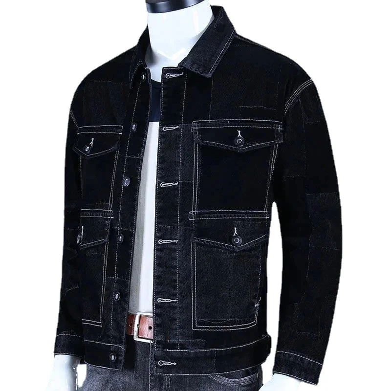 

Мужская джинсовая куртка с карманами, рабочая куртка из натуральной джинсовой ткани, с высоким воротником, для весны и осени