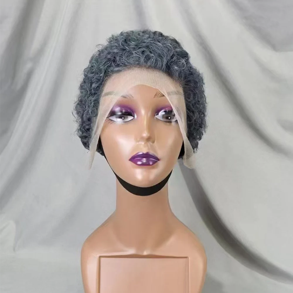13x4 Lace Frontal Short Pixie Cut Curly Wave Gray Color Human Hair Wigs 180% Density Human Hair Wig for Black Women