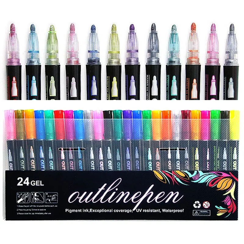 Paint Marker Pen 1Set 8/12/24 Colors Double Line Pen Outline Paint Marker Pens Diy Album Scrapbooking Metal Marker Drawing Painting Doodling