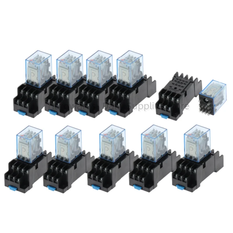 Relé de Tempo com Soquete Base Led Indicador Trilho Din My4nj dc 12v ac 24v ac 24v 5a 4no 4nc 14 Pin 10set