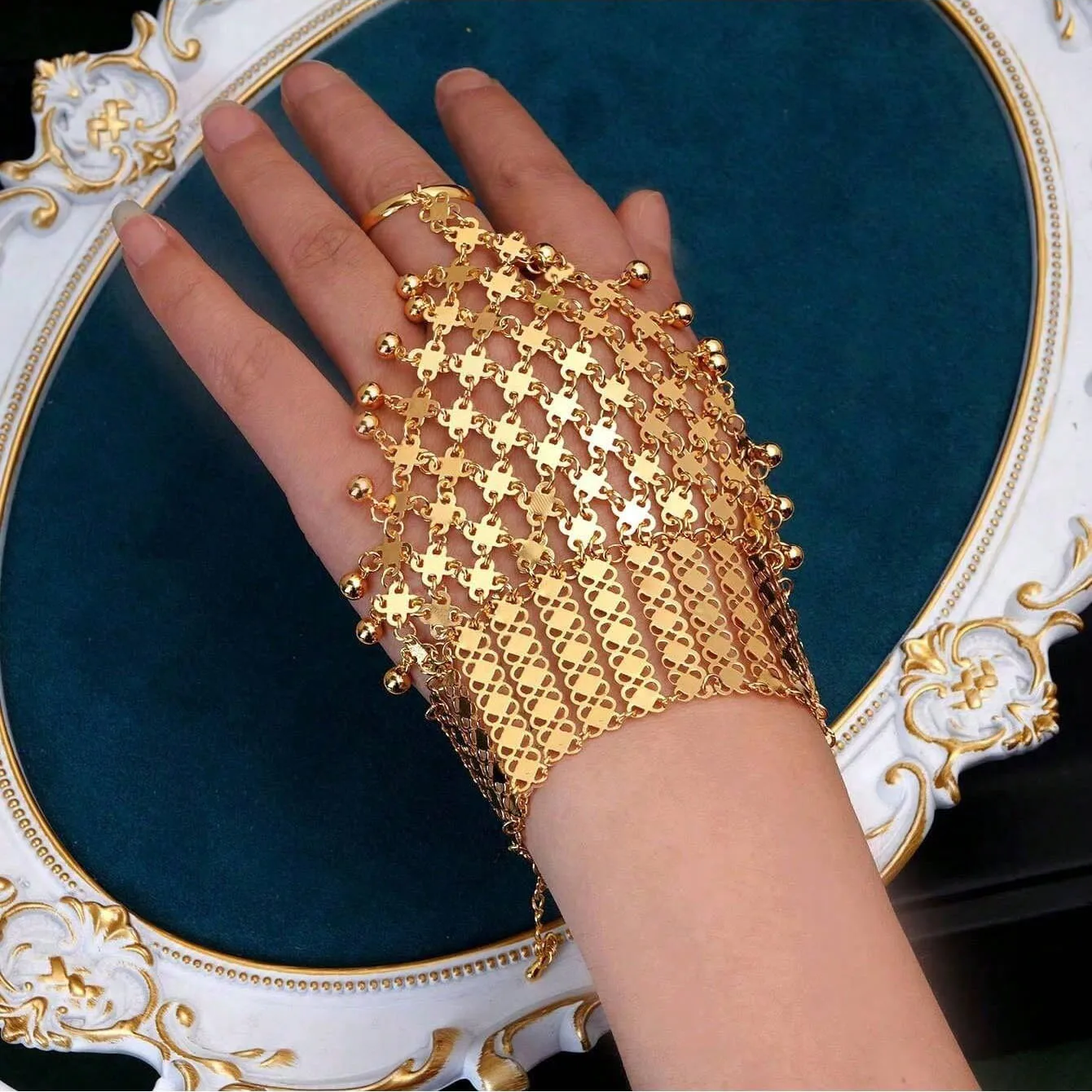 Gold Plated Bracelet Ring Set for Women, Ethnic Style, 18K, Tassel