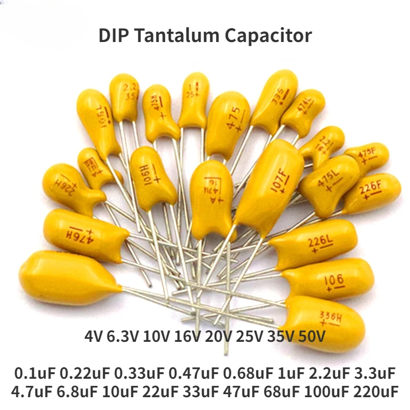 Tantalum Capacitor 5PCS 10V 16V 25V 35V 50V 1UF 2.2UF 3.3UF 4.7UF 10UF 22UF 33UF 47UF 100UF 220uF 0.1uF 0.22uF 0.47uF 0.68uF DIP