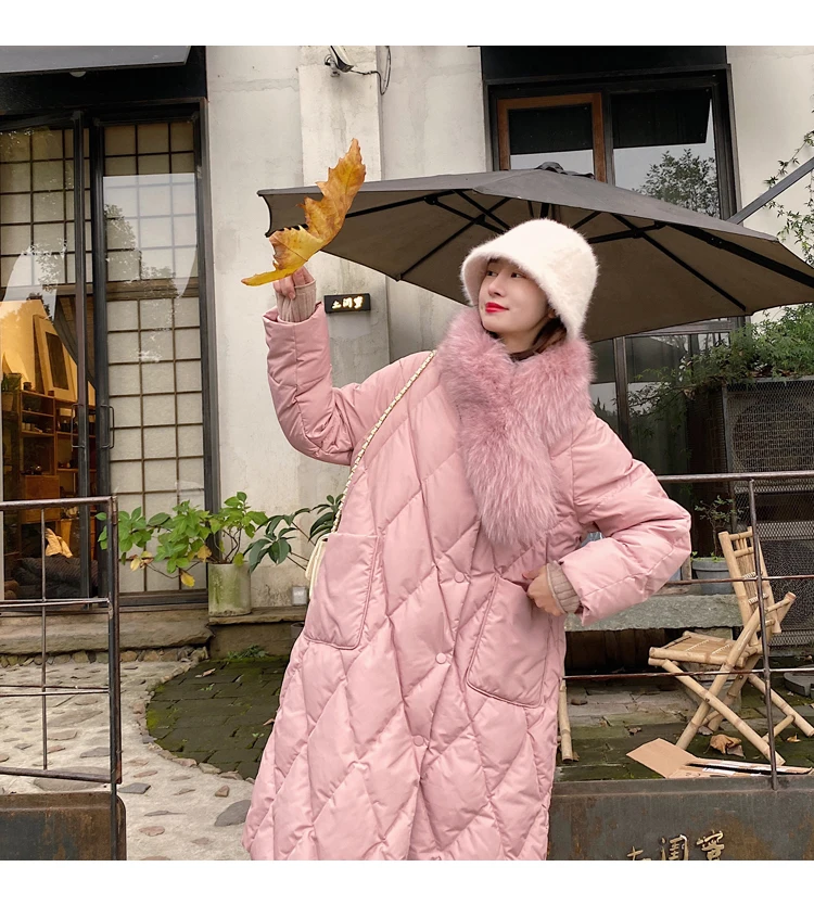 Big Fur Collar White Duck down Mid-Length Loose over Knee down Jacket for Women