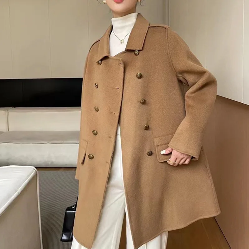 

2023 Autumn/Winter New Double sided Women's Cashmere Coat Vintage Style Double breasted Solid Wool Coat Women