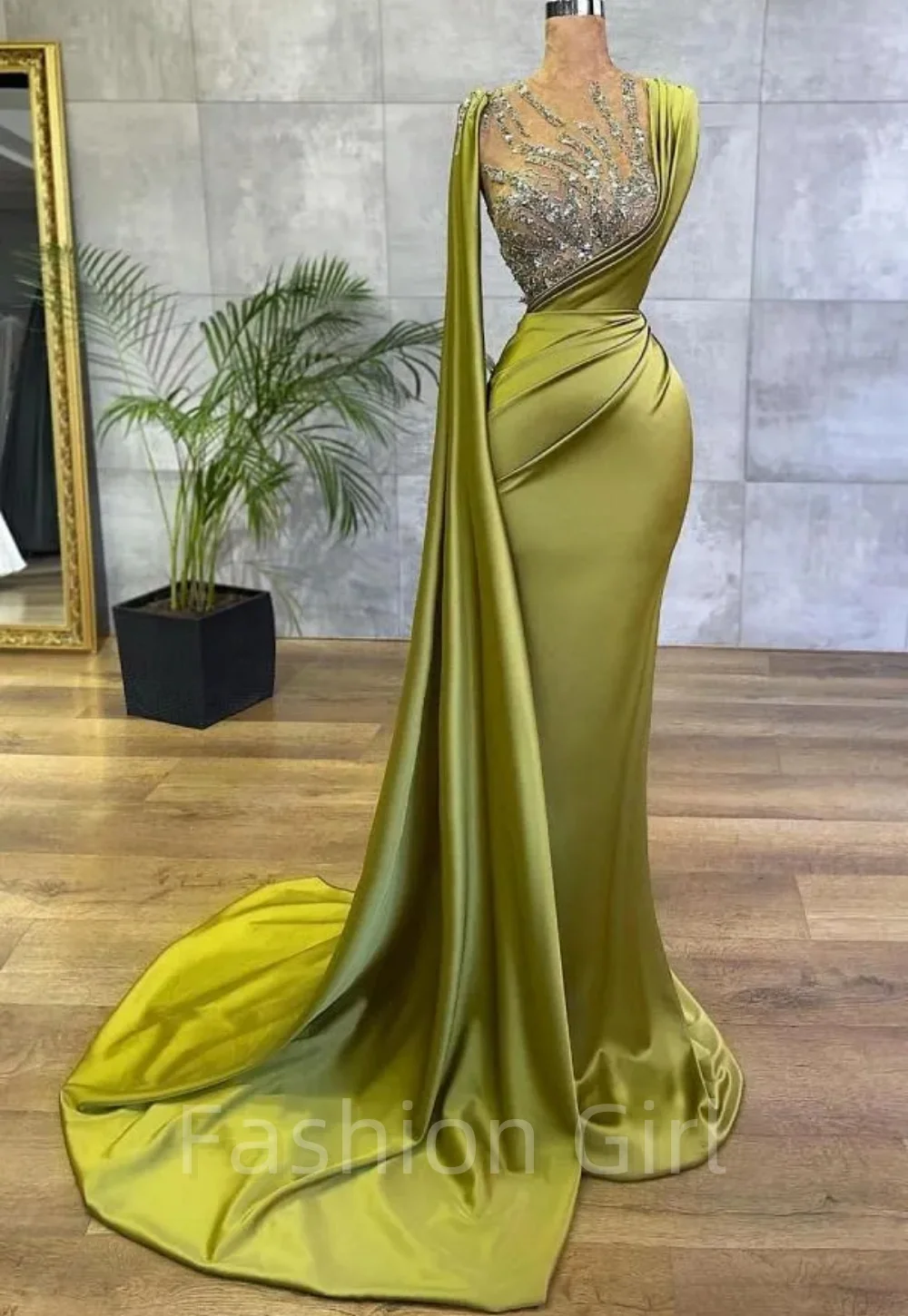 

Lemon Green Satin Mermaid Evening Prom Dresses Sheer Mesh Sequin Beads Ruched Formal Occasion Wear Sheer Neck Sweep Train Robe