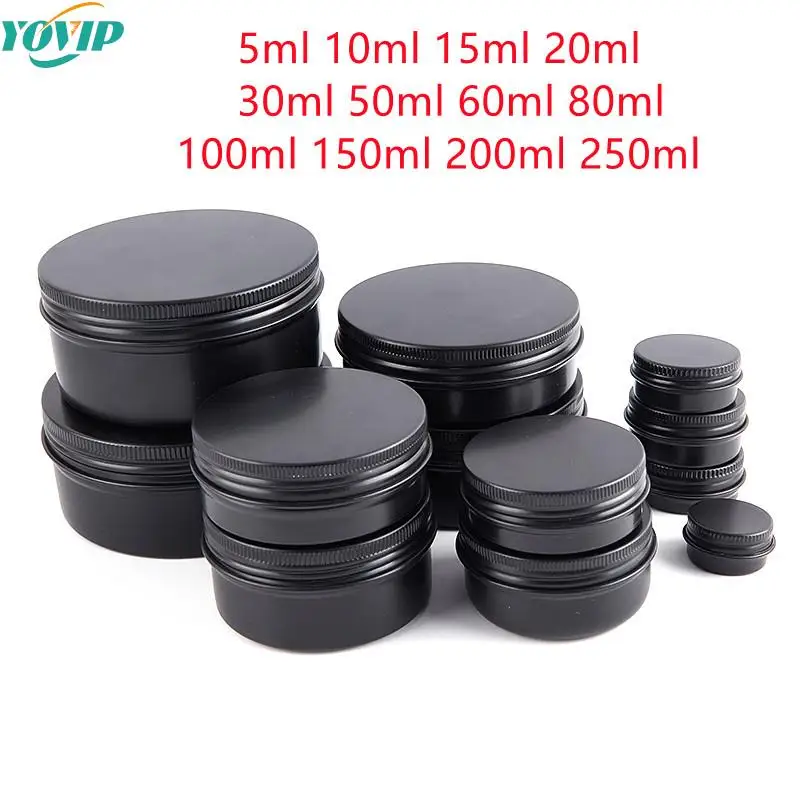 5/10/15/20/30/50/60/80/100/150/200/250ml Black Empty Round Aluminum Box Metal Tin Cans Cosmetic Cream DIY Refillable 1PC