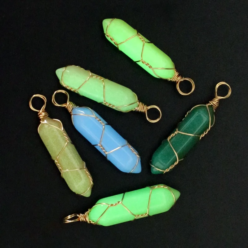 Luminous Stone Charms Wire Wrap Hexagonal Column Chakra Healing Pendant Glow in Dark For Necklace Jewelry Accessories
