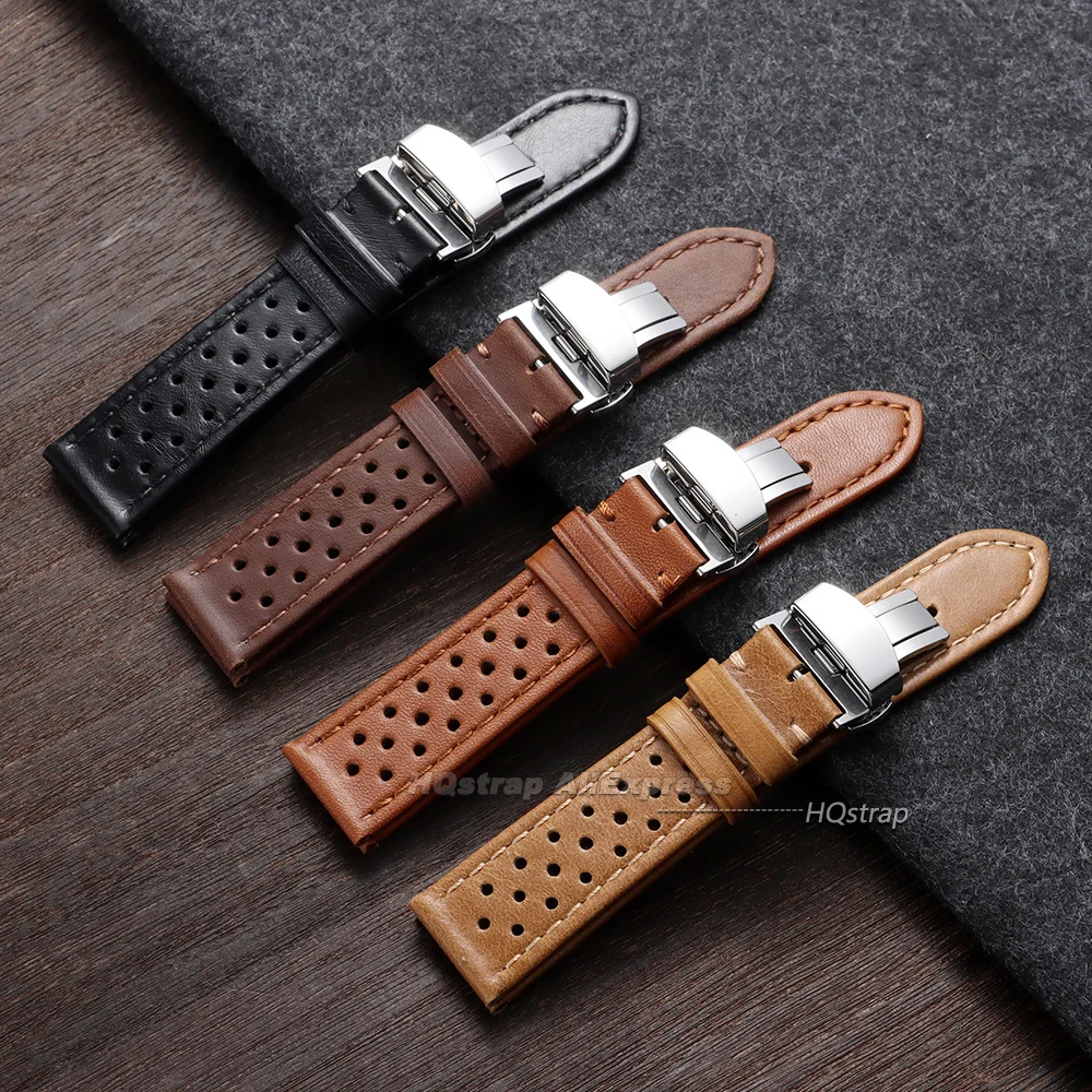 Breathable Leather Watch Strap with Quick Release and Butterfly Buckle