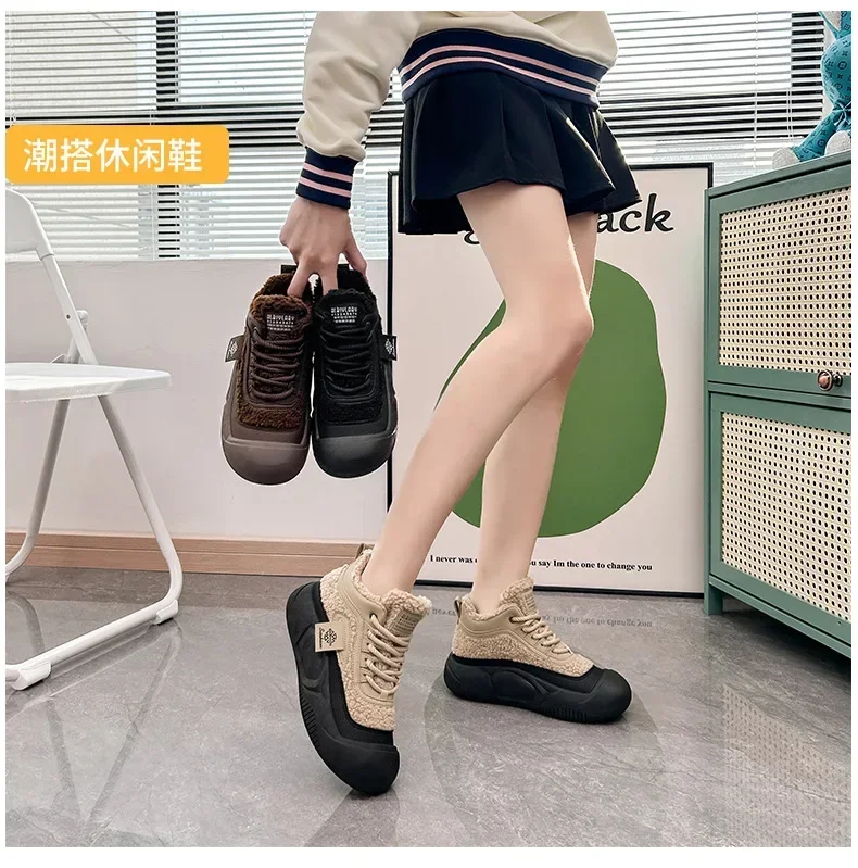 Hot Sales Women 2023 Winter New Padded High-top Shoe Students Thick Bottom Casual Sneakers 2024 Chunky Lamb's Wool Cotton Shoes