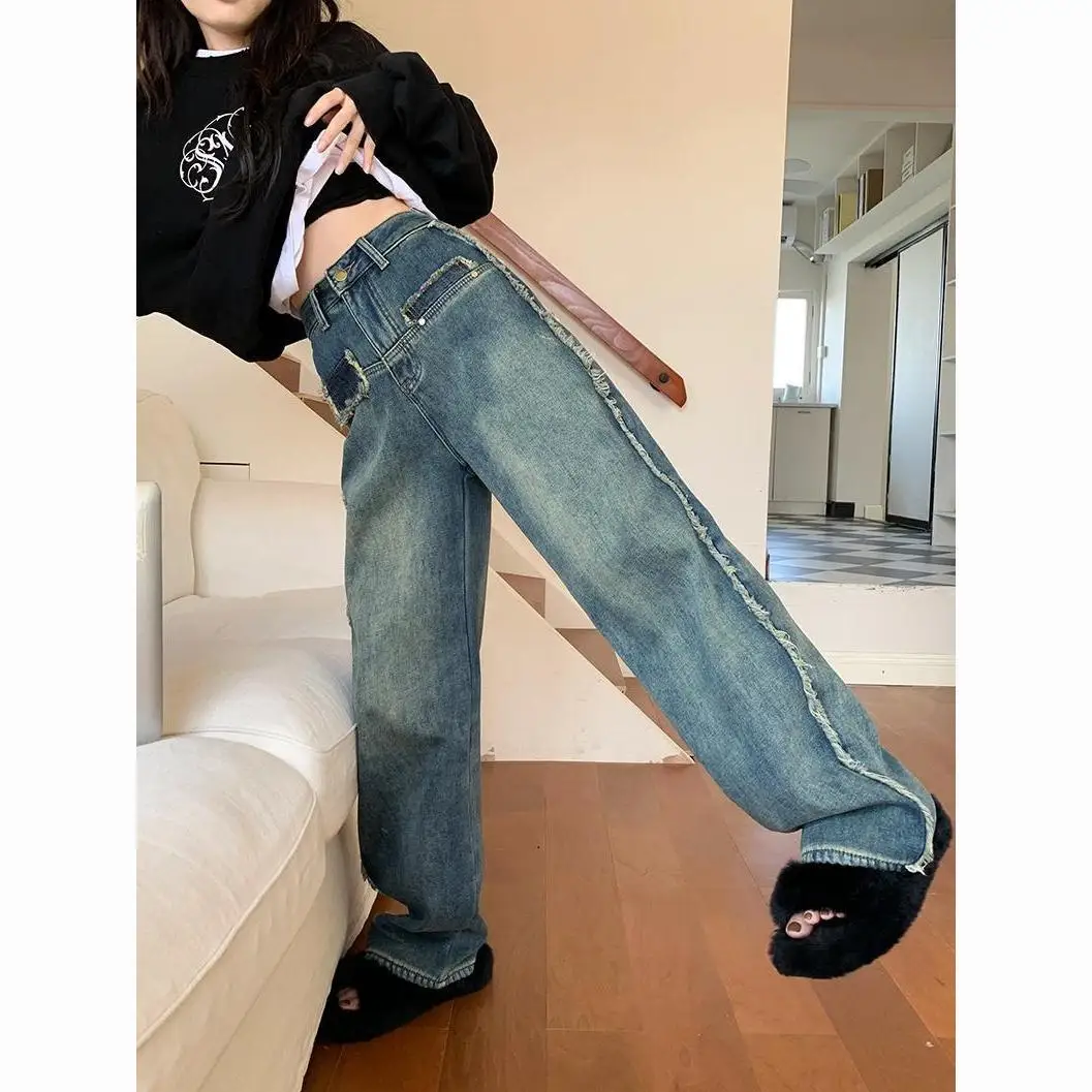

Autumn Street Wear Y2K Pants Women 2023 New Loose Straight Tube Wide Leg Pants Vintage Bright Line Decoration Casual Denim Pants