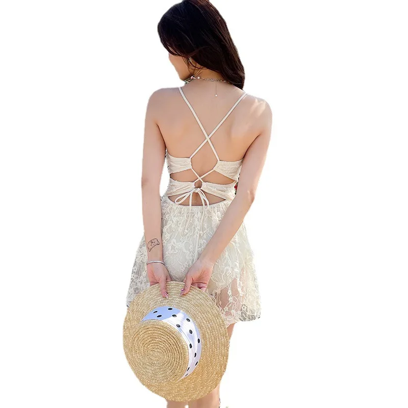 2024 Swimsuit Women'S One-Piece Boxer Sexy Lace Tie Waistless Suspender Floral Pattern