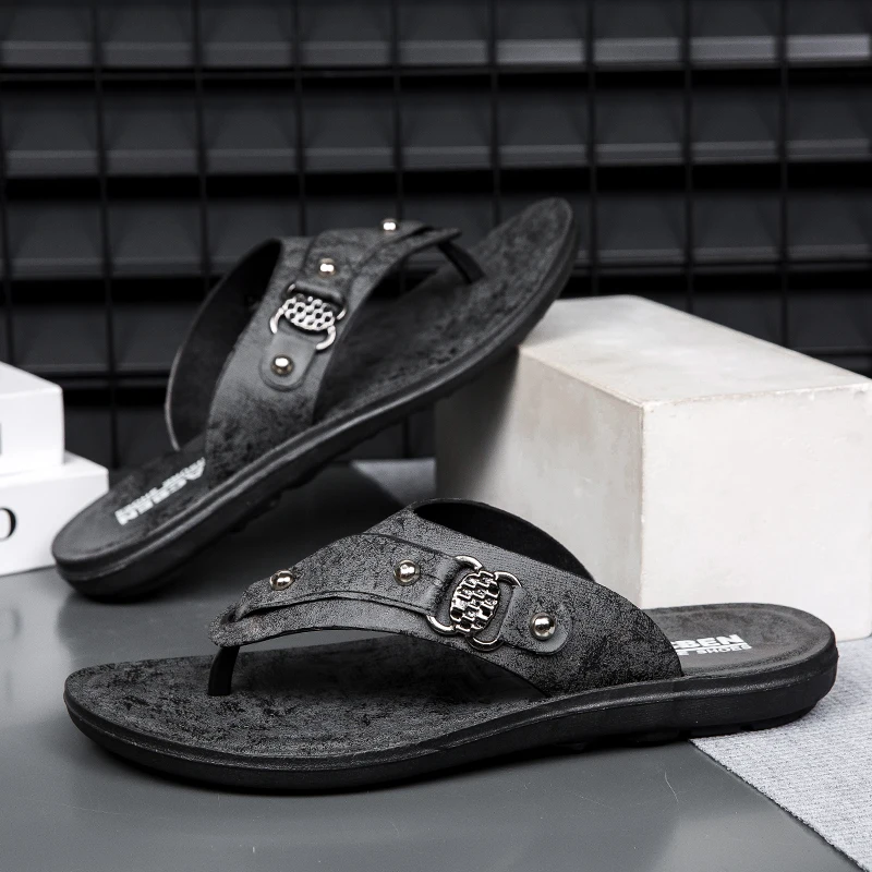 Men Flip Flops Outdoor Fashion PU Leather Flat Sandals Printed Slippers for Men Outdoor Wear