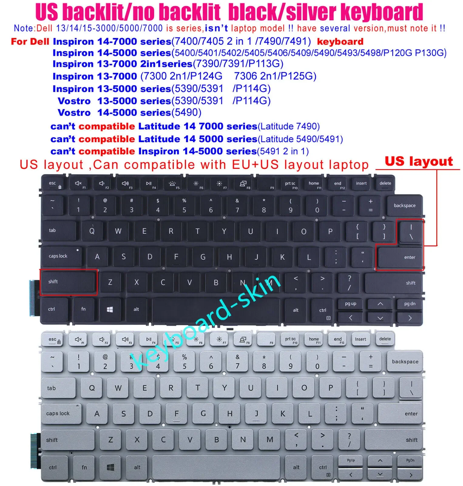 

New US Keyboard for Dell Inspiron 14 5400 5401 5402 5405 5406 5409 5490 5493 5498 P120G P130G 7400 7405 2n1 13 5390 5391